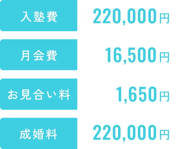 入塾費 220,000円、月会費 16,500円、お見合い料 1,650円、成婚料 220,000円